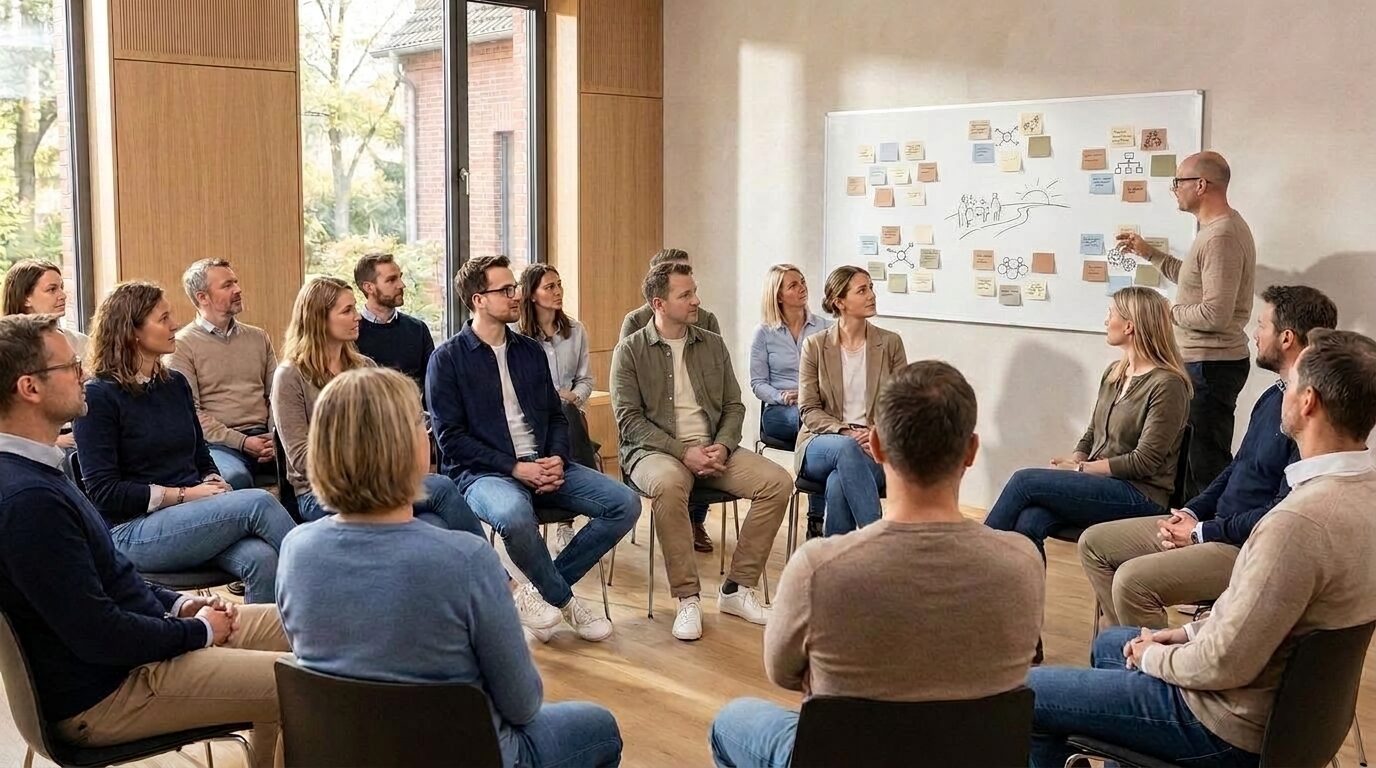 Town Hall einer mittelständischen Organisation: Mitarbeitende richten ihren Blick auf erreichte Ziele und ein gemeinsames Zukunftsbild