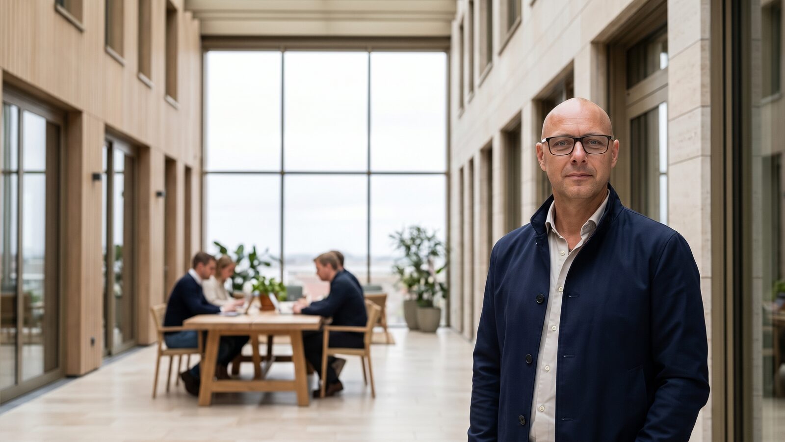 Sascha Adam in einer hellen, modernen Arbeitsarchitektur; im Hintergrund arbeitet ein Team an einem Tisch