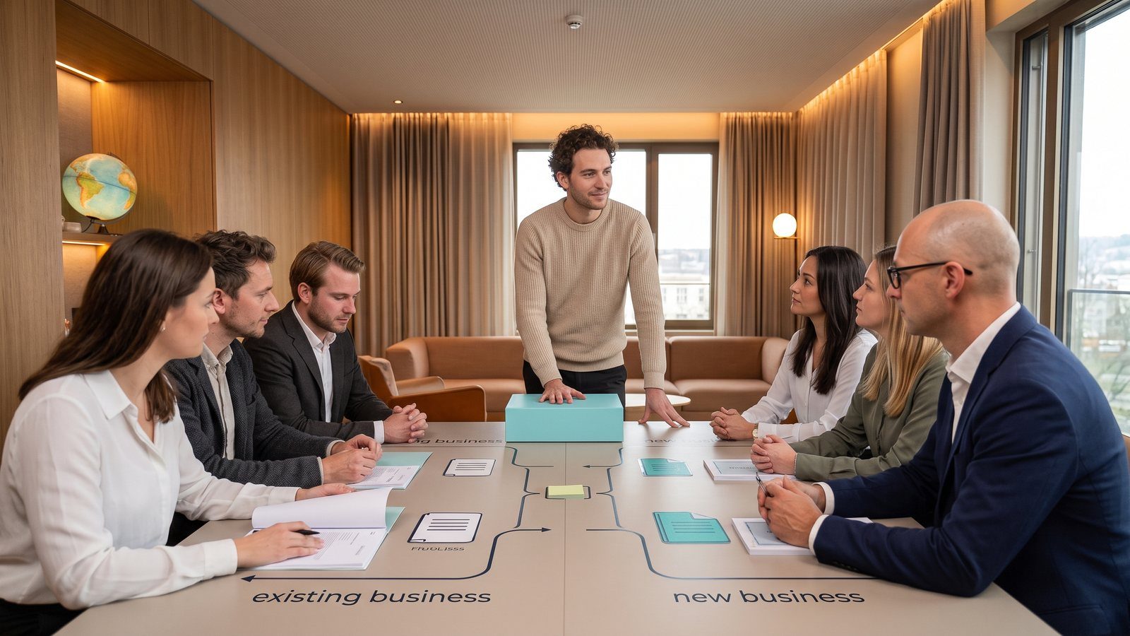 Executive team discusses how to allocate resources between the core business and a new business initiative