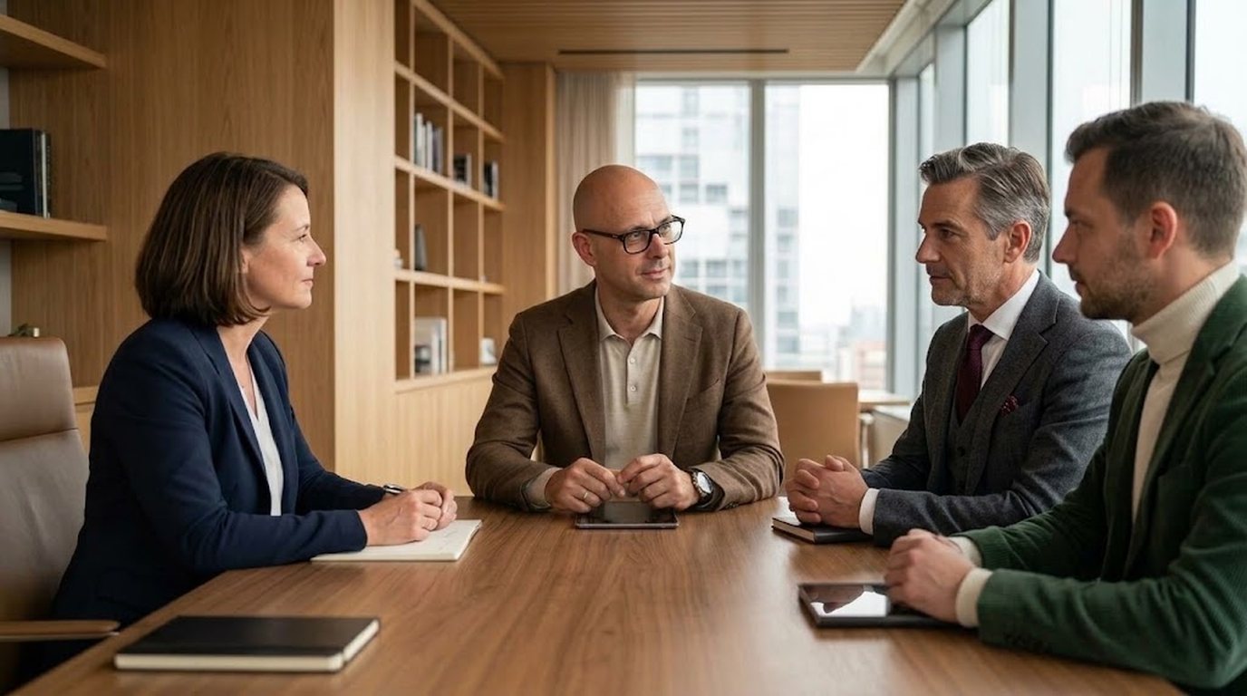 Sascha Adam und drei Führungskräfte verbinden gemeinsam zwei Teile eines modularen Arbeitsmodells