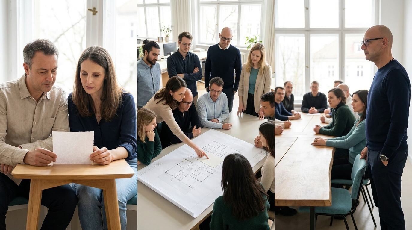 Drei verbundene Arbeitssituationen: Gründerteam, wachsendes Team und Organisation mit Sascha Adam als Sparringspartner.