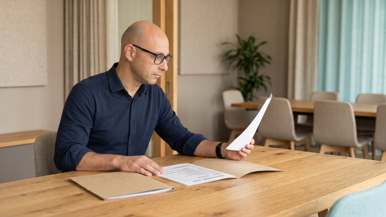 Sascha Adam reviews documents at a wooden table, with empty chairs in a meeting room behind him.